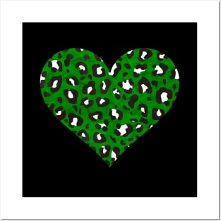 Dark Green, Black and White Leopard Print Heart Posters and Art